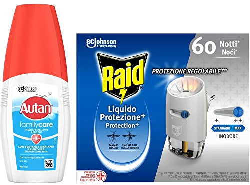 Autan e Raid Protezione Completa, Antizanzare, Autan Family Care Vapo 1 Confezione da 100 ml, Raid Liquido Elettrico Protezione, 1 Base e 1 Ricarica
