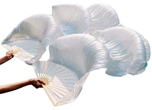 Leemiman Damen Schleier für Bauchtanz, echte Seide, Bambus, Fächerschleier, 1 Paar (L+R Hand), weiß, Einheitsgröße