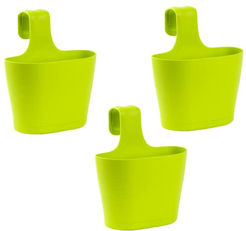 Gariella 3X Blumenkasten oval 2,8 Liter Balkon Übertopf Pflanzkasten Blumentopf zum Hängen mit 1. Bügel und Wasserspeicher Grün