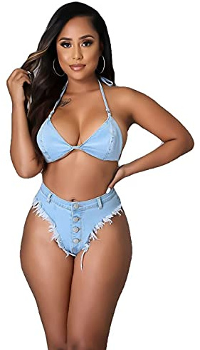 seacatus Swimsuit Bathing Suit Women Casual Sexy Denim Fringe Triangle High Waisted Two Piece Bikini Sets Tops Bra V Thong,Blue,Large