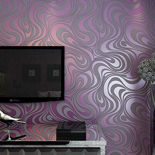 MEAIHOME Moderne abstrakte 3D-Kurven-Vlies-Beflockung gestreift für Tapetenrolle 0,7m (2,29' B) x 8,4m (27,56' L) = 5,88㎡ (63,11 sq.ft) (Lila & Grau)