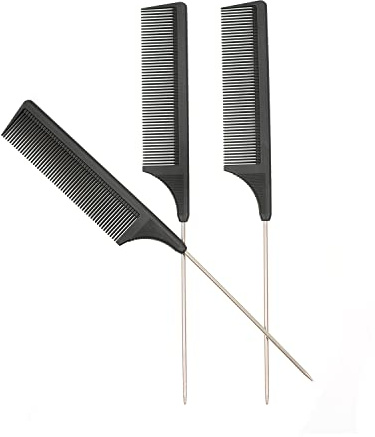 3 Pcs Rat Tail Combs Carbon Fiber Heat Resistant Teasing Hair Combs with Stainless Steel Pintail for All Hair Types (Black)
