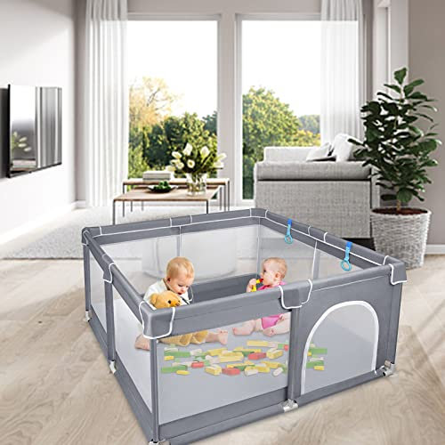 UISEBRT Laufstall Baby Laufgitter Schutzgitter mit Rutschfester Basis und Atmungsaktivem Netz, Stabiler Absperrgitter Aktivitätszentrum für Kinder, Dunkelgrau, 127x127cm
