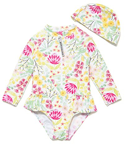 BONVERANO Traje de baño de una Pieza para niña, Mangas largas, protección UV 50+ con Gorra(Amarillo-Amarillo,24-36meses…
