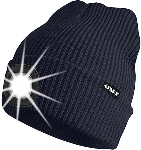 ATNKE Unisex LED-mössa med ljus, uppladdningsbar USB 4 LED-upplyst löparmössa, extremt ljus lampa, vinter, varm stickad mössa för män och kvinnor, presenter, Marinblå, En Storlek