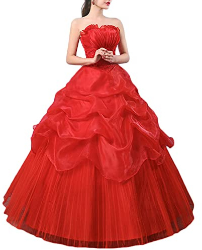 Vestido de Novia Largo para Mujer A-Línea Sin Mangas Vestido de Fiesta Festivo Vestido Palabra de Honor Princesa Noche Vestir Largo Bola Vestido,Rojo,XS