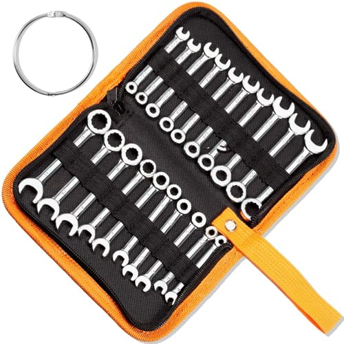 LEONTOOL Mini Wrench Set Metric and SAE 20 Pcs Ignition Wrenches 4-11mm & 5/32 to 7/16 Open End Box End Wrench Set with Key Ring, Combination Wrench Sets with Zipper Bag