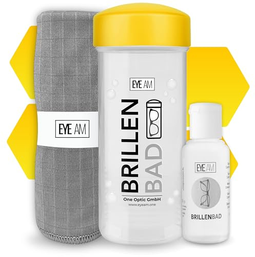 EyeAm Brillenbad (Gelb) im Set mit 50ml Spezialreiniger & Mikrofasertuch | Brillenputztuch in Optiker Qualität | Brillenreinigung für jede Brille
