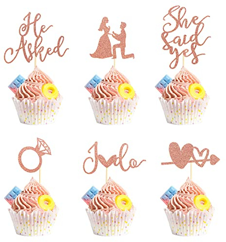 Arthsdite 24 Stück Cupcake-Dekorationen He Asked She Said Yes mit Diamant-Ring, Herz, I Do, Kuchen-Picker für Hochzeit, Verlobung, Brautparty, Party, Kuchen-Dekorationen – Rotgold-Glitzer