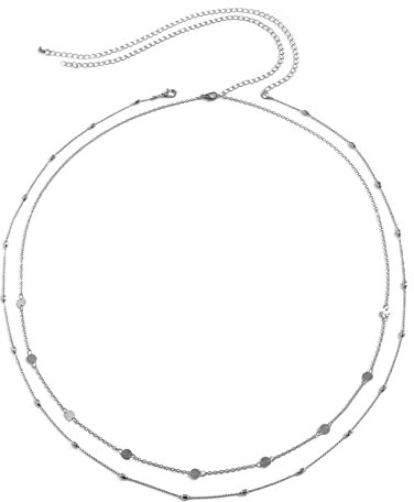 Stfery Kettengürtel Retro, Körper Ketten Damen Silber Taillenkette Doppelschichtige Paillettenperle Bauchkette Körperkette 95cm