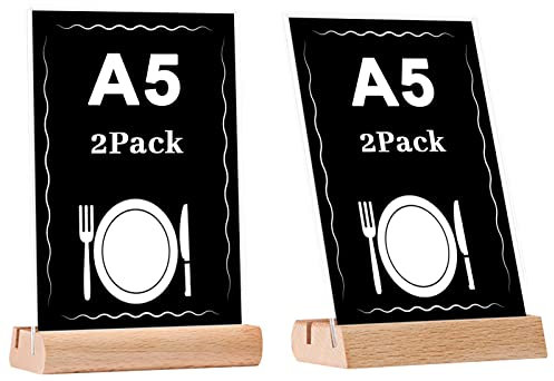 EACHPT Tischaufsteller A5, Acryl Tischaufsteller mit Holzfuß Buche 2 Stück A5 Hochformat Dualer Kartensteckplatz, Aufsteller Schild A5 Präsentationsständer für Firmen Büros,Menükartenhalter