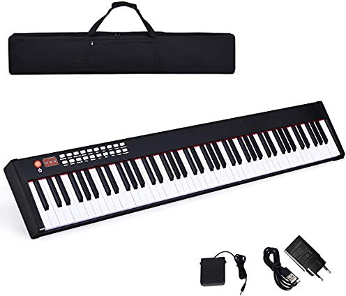 COSTWAY Piano Digital 88 Teclas, Teclado Electrónico Portátil con Teclas Pesadas, con Función Bluetooth, Interfaz MIDI, Altavoces, Sordina, y Bolsa de Transporte (Sin Atril, Negro)