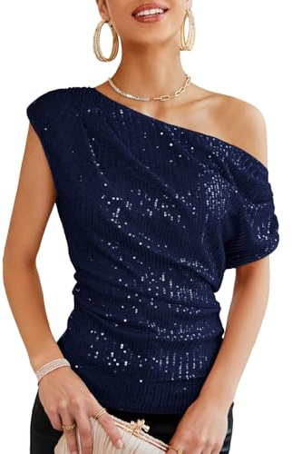 GRACE KARIN Damen Pailletten Oberteil One-Shoulder, Asymmetrisch & Voll Gefüttert, Festliches Party Outfit Dunkelblau S