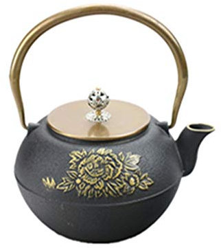 OQHAIR Cast Iron teapot Personalised China Wedding Anniversary Teapot Cast Iron Tea Pot Hand Drawn Peony Flower Teapot with Stainless Steel Injector (Color : Black Size : 1000ml)