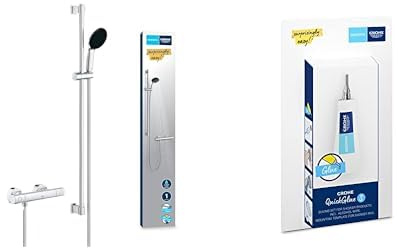 GROHE Precision Get & QuickGlue S - Thermostatic Shower Set (Round 11 cm Hand Shower 1 Spray: Rain, Hose 1.75 m, Shower Rail 90cm, Safety Functions, Water Saving, Screws & Dowels), Chrome, 34857000