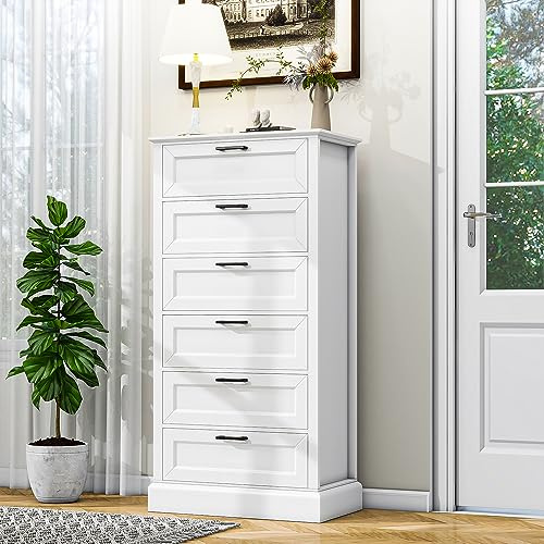 biukpci Tall White 6 Drawer Dresser, Wood Vertical Chest of Drawers for Bedroom, 55 H Modern Lingerie Dressers for Closet, Living Room, Hallway and Home Office