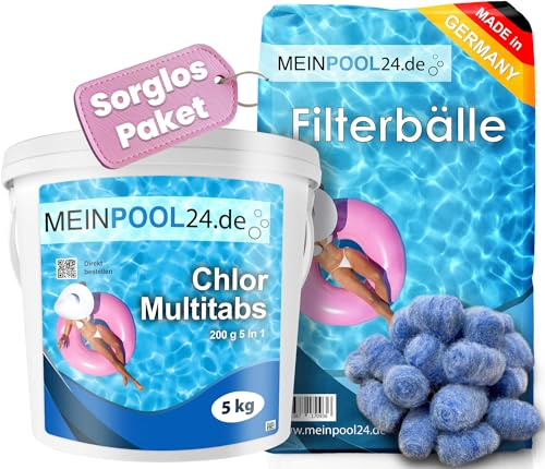 Meinpool24.de Set: 5 kg Chlor Multitabs 200 g + Filterballs Pool Filterbälle Made in Germany