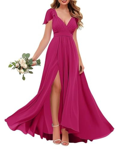 WSEYU Vestidos de dama de honor con cuello en V, manga corta, de gasa, acampanado, vestido de fiesta formal con abertura, fucsia, 48