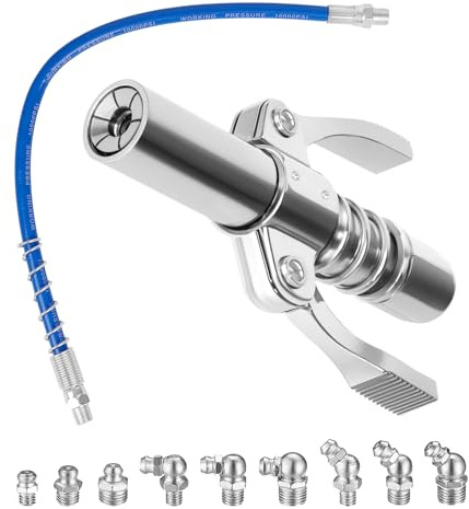 Fettpresse Mundstück, 10000 PSI Doppelgriff Fettpresse für Schmiernippel | G Coupler Fettpresse Kupplung, mit 40 cm Schlauch und 9 M6 M8 M10, für alle Arten von Fettpressen