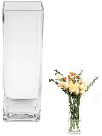 ASSRECT Glass Vases 30cm Tall Clear Square Flower Vase Handmade Modern Floral Arrangement Ornament Modern Ornaments for Wedding Party Home Office Decor Table Decoration