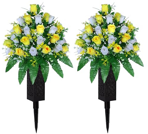 LVXINLI Artificial Cemetery Flowers, Gravesite Decoration Roses, Memorial Bouquets with Cemetery Vase, Vibrant and Long-Lasting Colors (Yellow+White, 2 Bundles)
