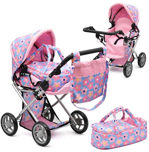 Baby Doll Convertible Pram Stroller Adjustable Handle Buggy Carriage with Canopy and Storage Basket 25 Inch Blue