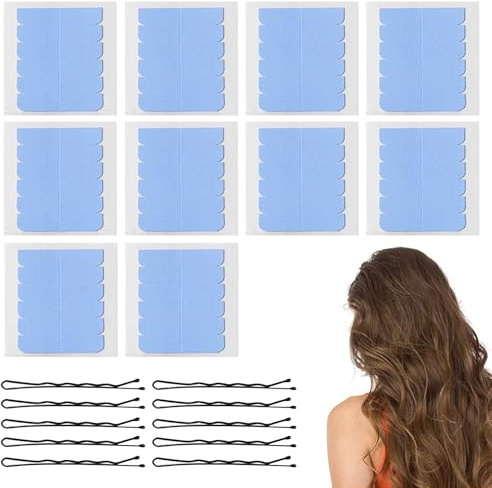 Cinta Adhesivaspara el Cabello,120 Piezas Cinta de Extensión de Pelo,4 * 0.8 CM Extensiones de Cinta Adhesiva,Cinta Adhesiva de Extensión de Pelo,Azul,10 Piezas Mini Horquillas