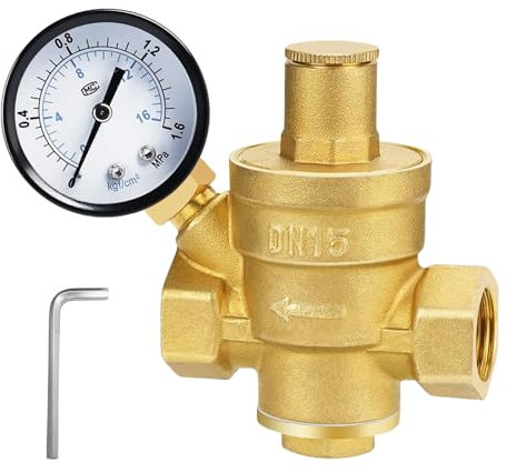 BORDEAG Reducteur De Pression DN15 1/2 Pouce Avec Manometre Pression Eau, Fabriqué Laiton De Haute Dureté, Reducteur De Pression Eau, Réducteur De Pression D'eau pour Soupape De Surpression D'eau