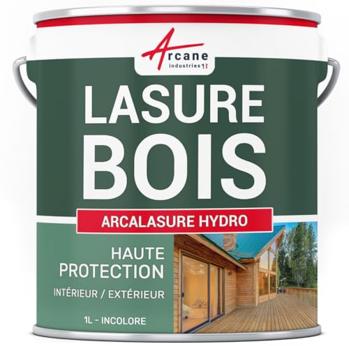 ARCANE INDUSTRIES Lasure Bois Extérieur et Intérieur - Protection Bois Longue Durée Hydrofuge Anti-UV - Idéale Terrasse, Bardage, Chalet et Mobilier Bois - 1 L Incolore