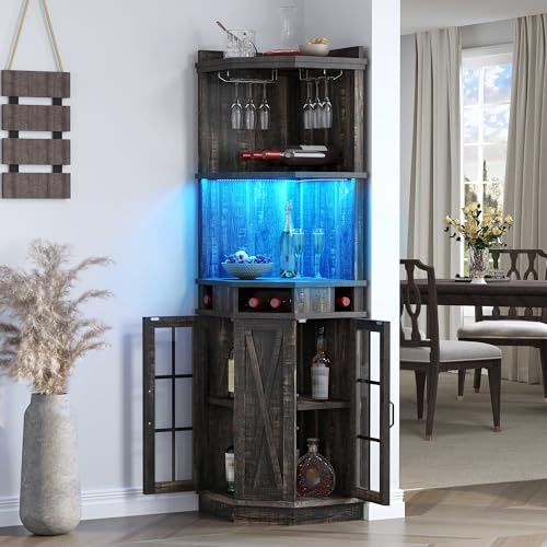 DWVO 72 Tall Corner Wine Bar Cabinet with Glass Door & LED Lights, Farmhouse Liquor Bar Cabinet with Glass & Wine Holder, 6-Tiers Alcohol Cabinet for Dining Room, Living Room, Kitchen,Dark Rustic Oak