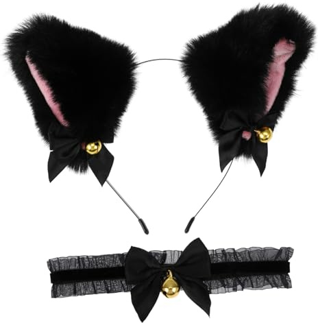 HAPINARY 1 Jeu collier -tête oreille de chat trousse beignet de chat charbonnier cloche cerceaux de poils d'oreilles d'animaux accessoires de cheveux de fête Tissu en peluche de 5 cm