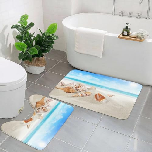 KGDHY Badezimmermatten-Sets 2-Teilig,Meer, Sand, Strand, Muscheln,Bad und WC-Vorleger-Set,rutschfeste Badezimmerteppiche wasserabsorbierende