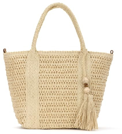 SUKUTU Sac Vacances d'été pour Femmes Fourre-tout tressé Sac de plage en paille Grand main à bandoulière avec pompon