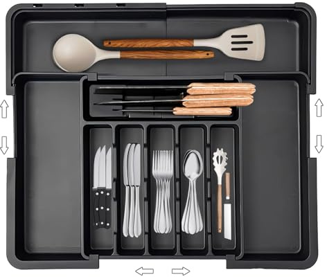 DHSUN Bandeja de cubiertos extensible para cajones de 50, insertos de cajón de cocina, inserto de cajón de cubiertos, ancho ajustable de 33,5 a 56 cm, bandeja de cubiertos extensible con 2 bloques de