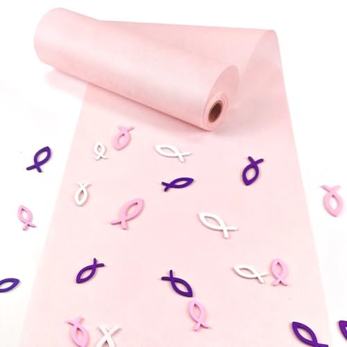 VOPIWOZ 30cm x 10m dekoratives Tischband, Vlies Tischläufer Rosa, Tischläufer Frühling, Enthält 45 Holzfische Kommunion Deko, Taufe Deko Junge und Mädchen, Tischläufer Moderne für Konfirmation Deko