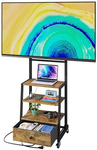 AFLUI Rolling TV Stand with Wheels and Mount & Fabric Drawer for 32-75 TV - Entertainment Center with Power Outlet and Small TV Stand for Bedroom, Living Room - 18 Rustic Brown (VESA 600mm × 400mm)