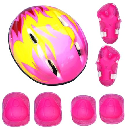 Set di caschi da ciclismo per bambini, 7 pezzi, attrezzatura protettiva di sicurezza, 140 g, ginocchiere, gomitiere, polsi, casco regolabile per esterni, ideale per ragazzi, ragazze, giovani e