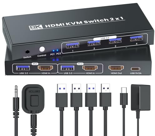 HDMI KVM Switch 1 Monitor 2 Computers, 8K60Hz 4K120Hz USB 3.0 2 Port HDMI KVM Switch for 2 PC Management Via 1 Set of Keyboard Mouse and 1 Monitor