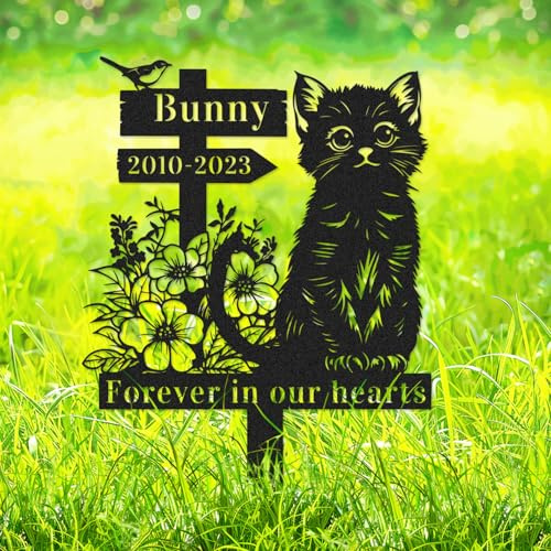 Custom Metal Flowers Cat Memorial Grave Marker, Personalised Cat Memorial Stake Burial Marker for Outdoors Cemetery Grave Plaque Pet, Personalized Bird Cats Garden Yard Sign with Stake