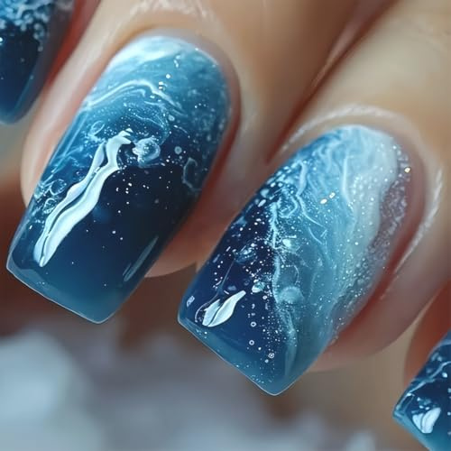 JUGUTA 24 Stück Quadratische Druckauf Nägel Mittlere Blaue Ombre Falschnägel Mit Glitzer Designs Dicke Glänzende Künstliche Nägel
