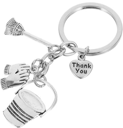 CLISPEED Housekeeping Keychain Charm with Bucket Broom and Work Gloves Thank You Key Holder for Janitorial Staff Housekeeper Appreciation Men and Women Unique Cleaning Team Present