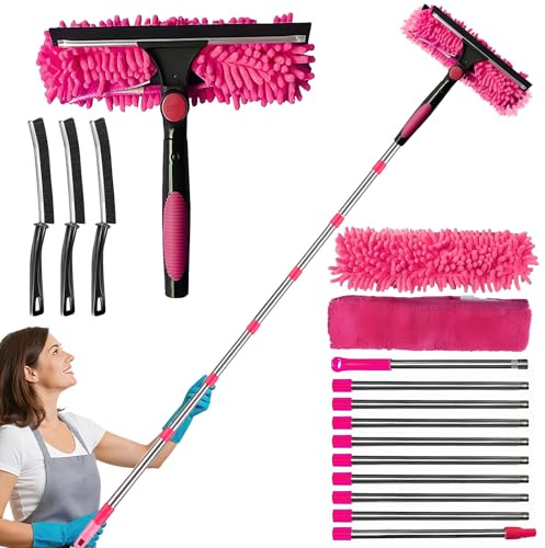 4.5M Window Cleaning Kit, Extra Long 2-in-1 Extendable Window Cleaning Equipment with Microfiber Cloth Squeegee Strips for High Windows, Walls & Cars (rose)