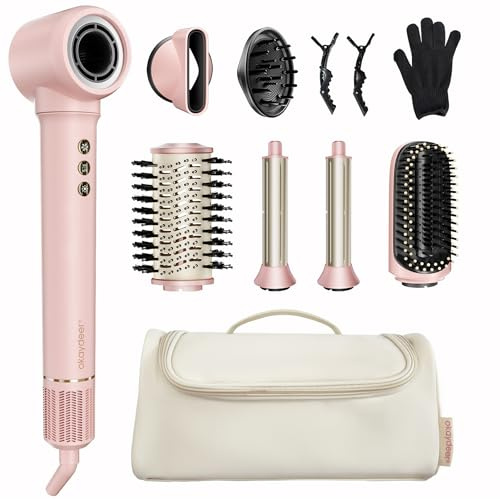 7 in 1 Airstyler, 130.000 U/Min, Ionen Föhn mit Diffusor, Automatischer Lockenstab, Haartrockner, Glätteisen, Volumenbürste, ohne Hitzeschäden, Warmluftbürste mit Reisetasche Hairstyler Set, Rosa