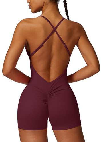 ECUPPER Women Backless Workout Jumpsuits One Piece Adjustable Strap Gym Rompers Zip Up Tummy Control Yoga Bodysuit Deep Purple S
