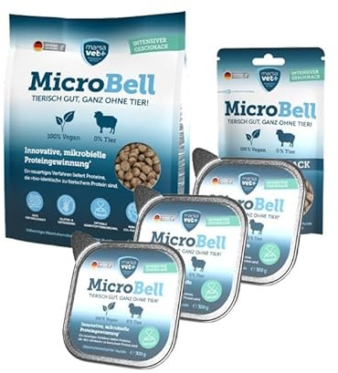 Marsavet MicroBell – Set grande di cibo vegano per cani con proteina microbica: Crocchette vegane (4 kg), snack per cani (100 g), cibo umido monoproteico (3 × 300 g). Ipoallergenico e senza cereali