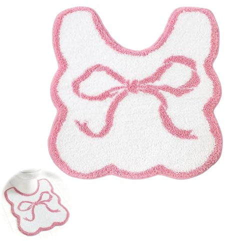 Qubitly Pink Bow Toilet Mat with Non-Slip Backing, Soft Pedestal Mats for Bathroom Floor Faux Cashmere Material, Absorbent Pink Bath Mat for Toilet and Shower Area
