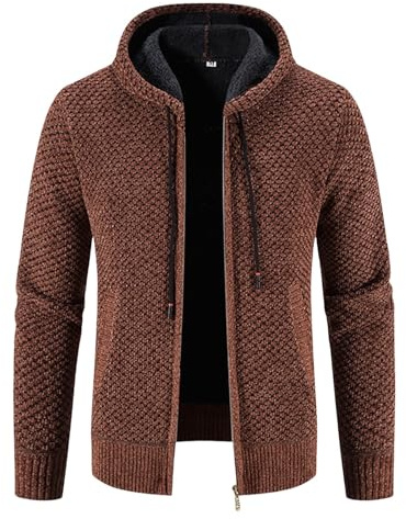 Tjock stickad cardigan för män – fleecefodrad tröja med hel dragkedja, vinter tjocka stickade ytterkläder med fickor stickade vinterrock ytterkläder, Brun, M