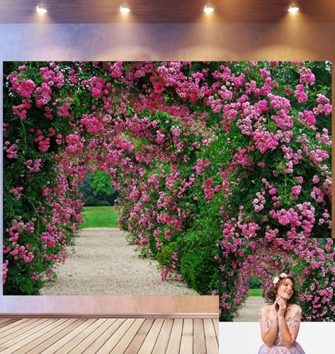 Bovlleetd 1,8x1,2m Fond Photo Arche Rose, Chemin de Gravier, Fleurs luxuriantes, Verdure d’été – Fond Romantique de Mariage & Outdoor, Accessoires de Studio Pro pour Couples & Voyages