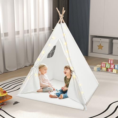 Tipi Zelt für Kinder, Tippi Kinderzelt Indoor mit Matte Lichterkette, Kinder Tipi Zelt Spielzelt Kinders Zelts für Zuhause, Kinderspielhaus Indoor Geschenk für Mädchen & Jungen, 120x120x140cm (Weiß)