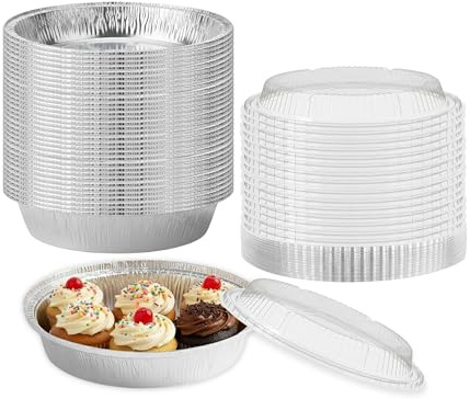 TENLITE 50 Pack 7 Inch Round Aluminium Foil Trays with Clear Dome Lids – Small Disposable Baking Tins for Individual Pies, Tarts, Desserts, Meal Prep, Takeaway & Freezer - (7inch (700ml))